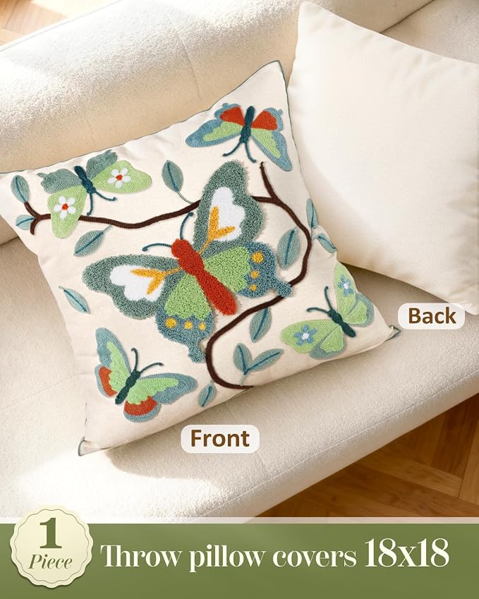 Embroidered Throw Pillow Cover 18x18 Inch, Branch Butterfly | Decorative Pillow - Image 4