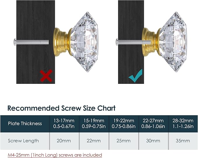12-Pack Crystal Glass Cabinet Knobs for Home Decor, Vanity Drawers, Desks, Wardrobe Doors, Standard Screws Easy Installation for Home Refurbishment and Redecoration (Clear Crystal, 40mm, Gold Base)