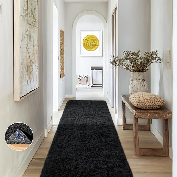 Ophanie Runner Rug for Hallway, 2x6 Bedroom Black Runner Rugs, Non Slip Fluffy by Ophanie