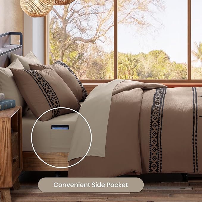 MaiRêve Embroidery Full Size Comforter Set Brown, Farmhouse Western Boho Bedding Set 7 Pieces, All Season Bed in A Bag Comforter Set with Sheets, Pillowcases & Shams