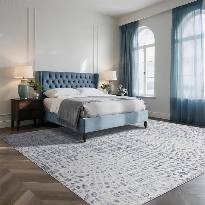 8x10 Washable Area Rugs for Living Room, Dining Room- White Blue | Ultra Soft - Image 6