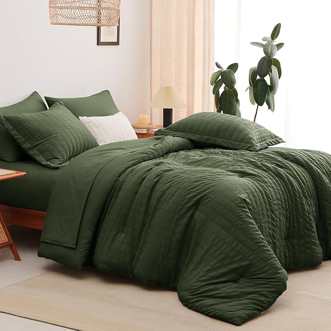 CozyLux Queen Comforter Set Olive Green Seersucker 7 Pieces Bed in a Bag Queen Comforter Set with Sheets Luxury Soft Bedding Set with Down Alternative Comforter, Sheets, Pillowcases & Shams All Season