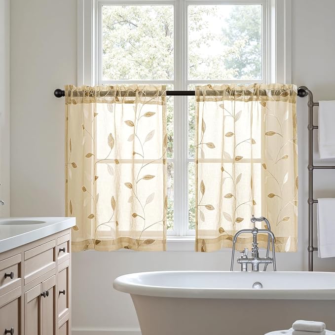 MIULEE Beige Sheer Curtains 2 Panels Embroidered Leaf Patterned, W30 x L24 | - Image 7