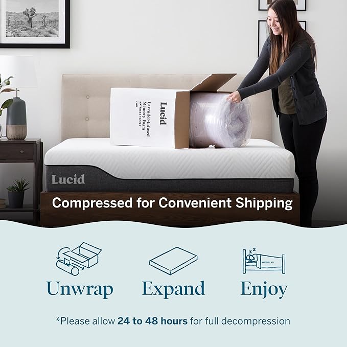 LUCID 2 Inch Lavender Infused Memory Foam Mattress Topper, Twin XL Size – Ventilated Design – Pressure Relieving Bed Topper - Mattress Pad – CertiPur Certified