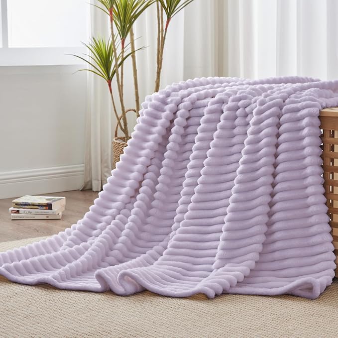 BEDELITE Striped Fleece Throw Blanket, Lavender Fog, Soft Cozy, Lightweight Warm - Image 5