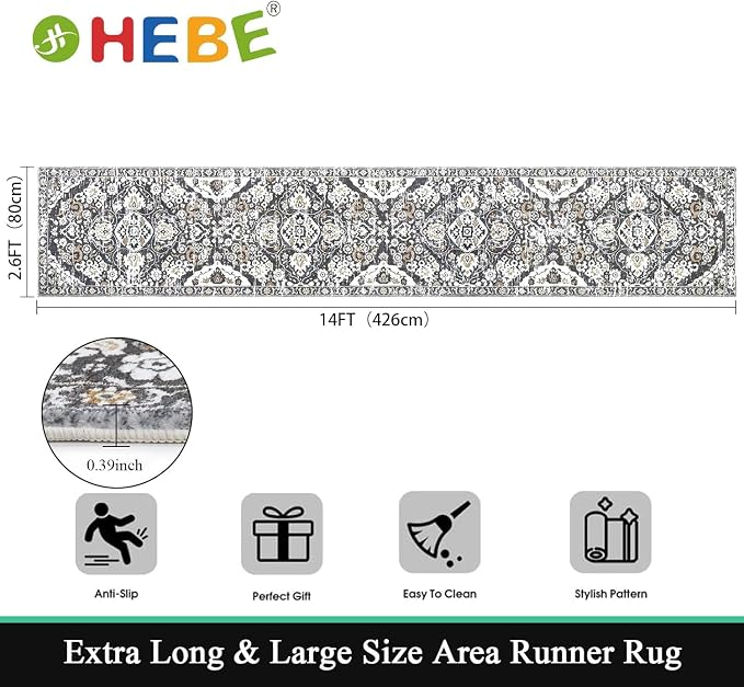 HEBE Hallway Runner Rug 2'8''x14', Washable Non Slip Kitchen Rug Runner | Soft - Image 2