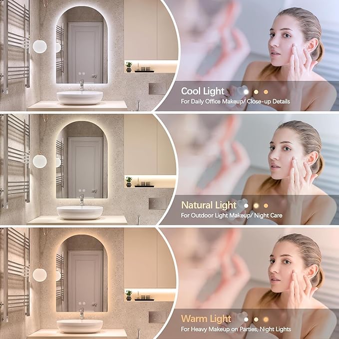 Niccy Arched LED Bathroom Mirror, 51x27 Inch Arch Frameless Backlit Mirrors for Wall Arched Lighted Vanity Mirrors Defogger and 3 Color, Explosion-Proof, HD Glass and IP65 Waterproof