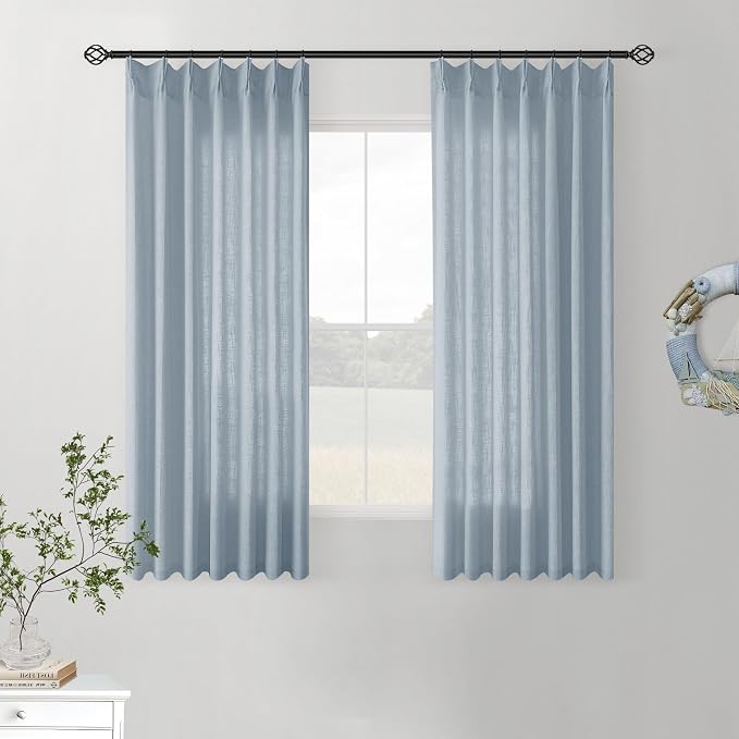 Dusty Blue Pinch Pleated Linen Semi Sheer Curtains 45 Inch Length 2 Panels | by Twodrapes