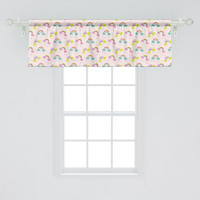 Ambesonne Cartoon Window Valance, Pastel Rainbows Clouds Raindrops Sky Theme, Curtain Valance for Kitchen Bedroom Decor with Rod Pocket, 54" X 18", Rose and Multicolor