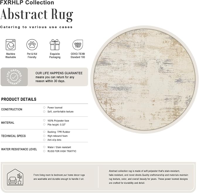 Round Area Rug Living Room: 4 ft Modern Washable Indoor Carpet | - Image 2
