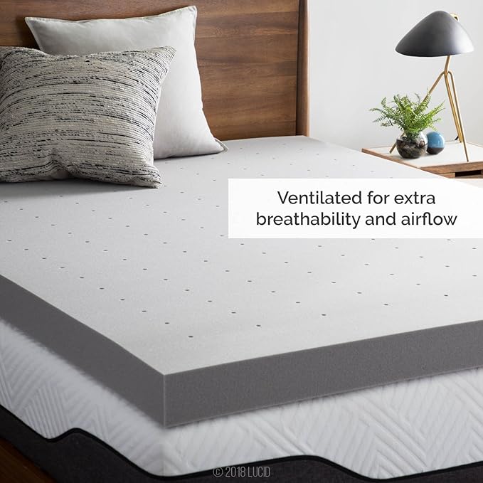 LUCID 4 Inch Bamboo Infused Memory Foam Mattress Topper - King Size – Cooling Ventilation – Pressure Relieving Bed Topper - Mattress Pad – CertiPur Certified