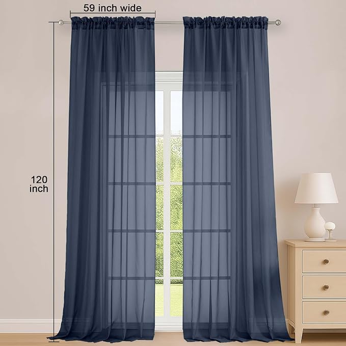 Navy Blue Sheer Curtains 120 Inches Long 2 Panels Set, Airy Lightweight Sheer - Image 2