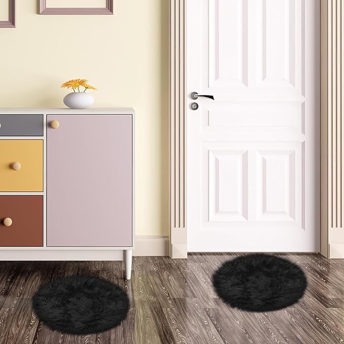 15.7 Inches Mini Black Round Faux Fur Sheepskin Area Rug, Fluffy Small Circle - Image 7
