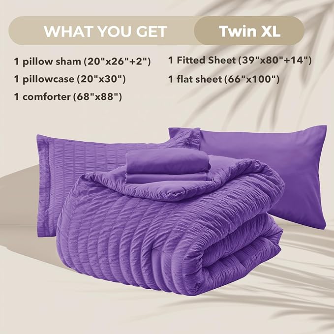 HYMOKEGE Dark Purple Twin XL Comforter Set Seersucker 5 Pieces, All Season Luxury Bed in a Bag for Bedroom, Bedding Set with Comforter, Sheets, Pillowcase & Sham