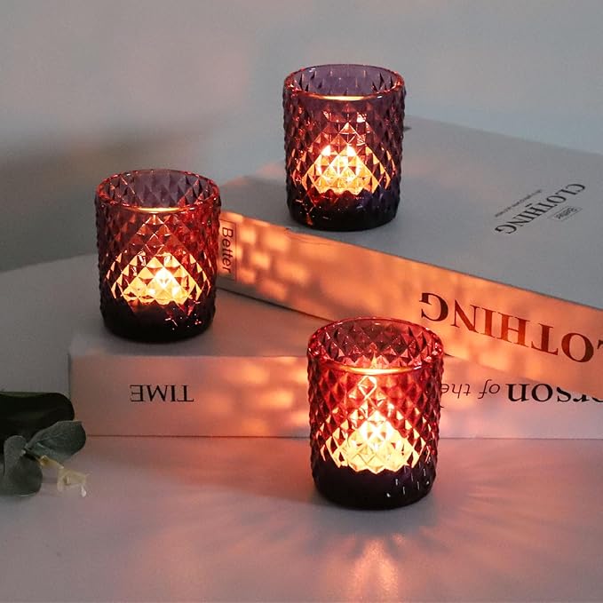 Woho 24pcs Purple Votive Candle Holders, Glass Tea Lights Candle Holder for Wedding Table Centerpiece, Studded Diamond Tealight Candle Holder for Tealight Candles/Votive Candles