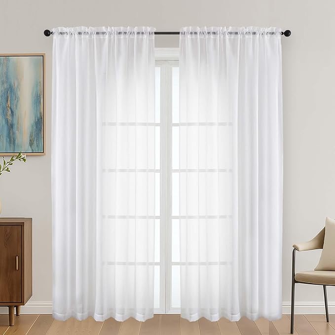 White Sheer Curtains 72 Inches Long 2 Panels Set, Light Filtering Sheer Curtains by OVZME