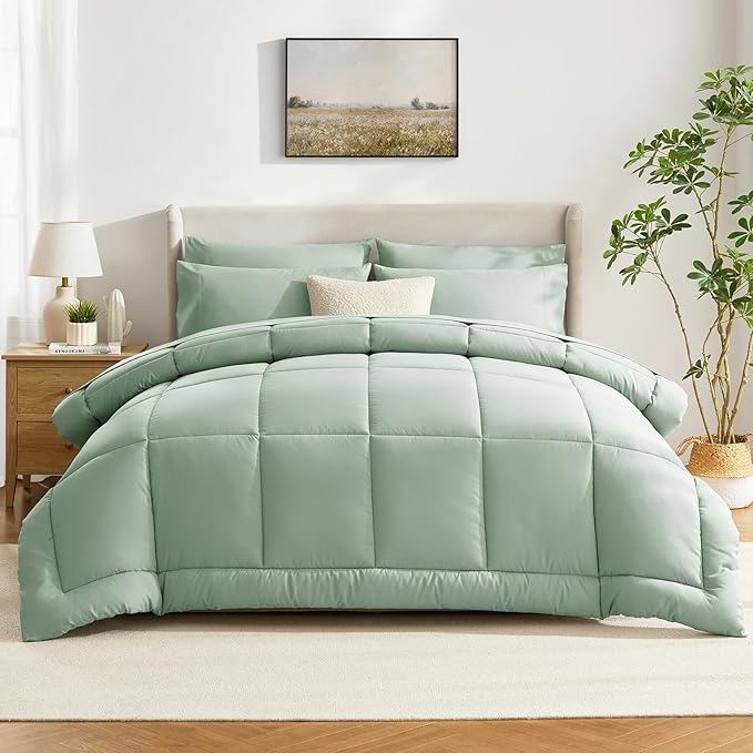 CozyLux King Size Comforter Set Sage Green, 7 Pieces Bed in a Bag, Green Comforter King Size, All Season Bedding Sets with Stitch Quilted Comforter, Flat Sheet, Fitted Sheet, Pillowcases
