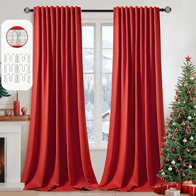 MIULEE Christmas Red Back Tab Blackout Curtains 52x96 Inch Long 2 Panels | Rod by MIULEE