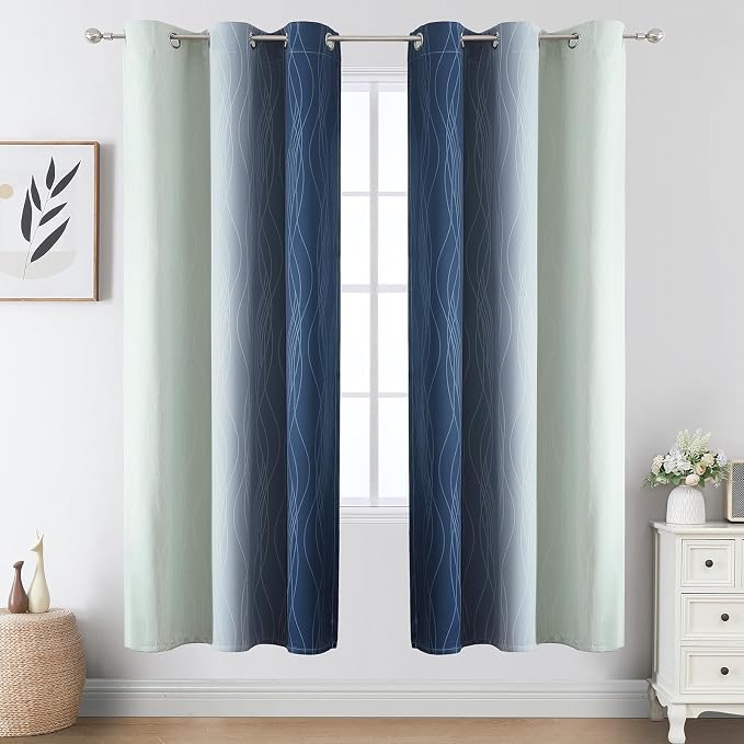 Sage Green and Navy Blue Ombre Blackout Curtains - Image 2