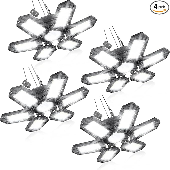 SEOBIOG LED Garage Lights 4 Pack, 200W 20000LM Plug in Linkable LED Shop Light, 6500K Ceiling Light Fixtures with 6+1 Deformable Panels for Garage, Work Bench (Built-in ON/Off Switch)
