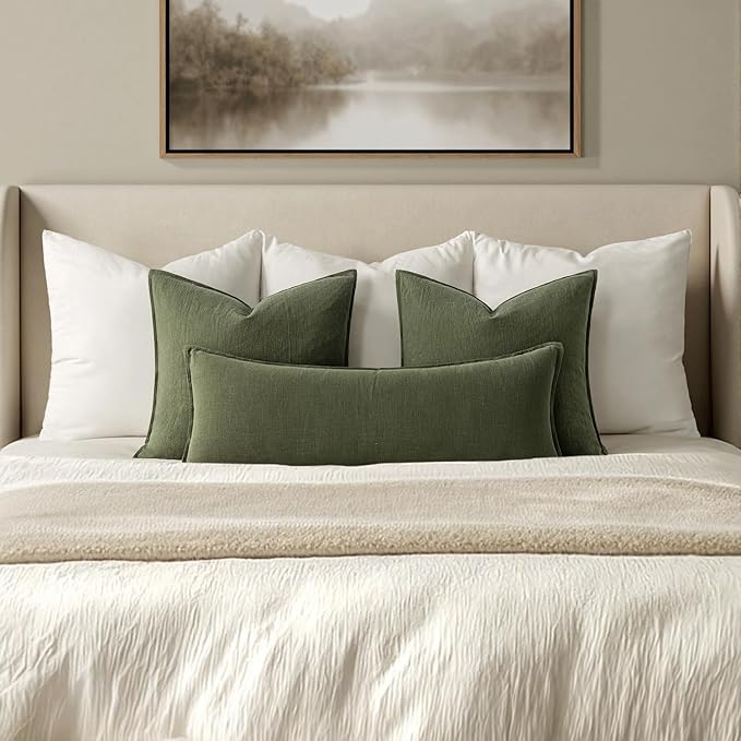 MIULEE Decorative Linen Lumbar Pillow Cover 14x36 Inch Dark Olive Green | Boho - Image 2