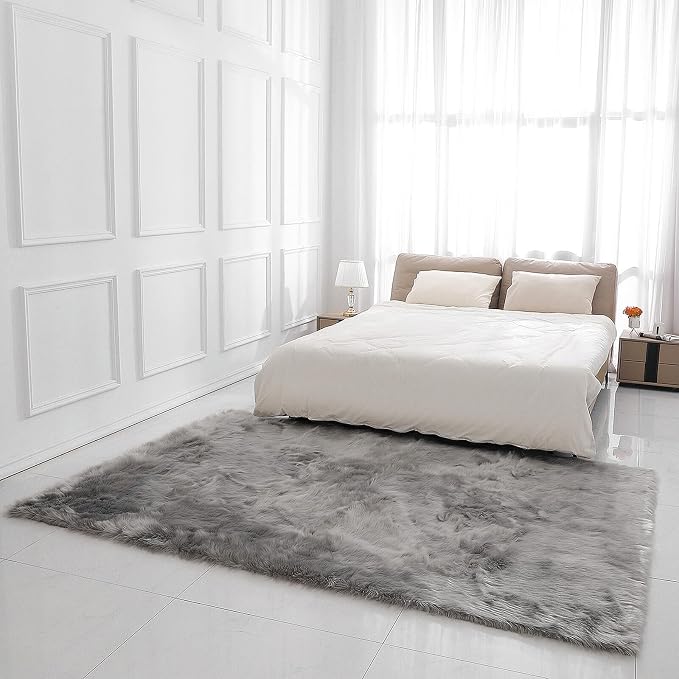linmopm Faux Fur Rug Sheepskin Shag Fluffy Fuzzy 6x9 ft Grey Rugs - Image 3