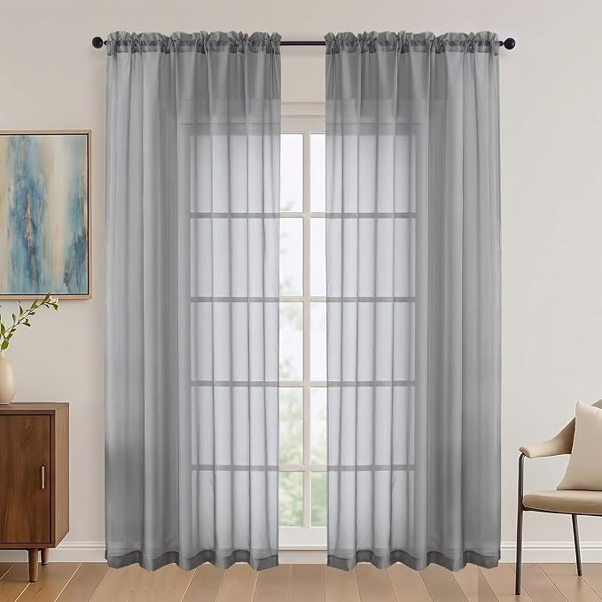 Charcoal Grey Sheer Curtains 72 Inches Long 2 Panels Set, Light Filtering Sheer by OVZME