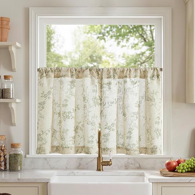 Green on Beige Linen Kitchen Curtains Rod Pocket 26W X 24L 2 Panels | Elisa by Lazzzy
