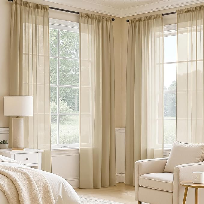MIULEE Beige Sheer Curtains 63 Inches Long 4 Panels 42 x 63 Inches | Light - Image 2