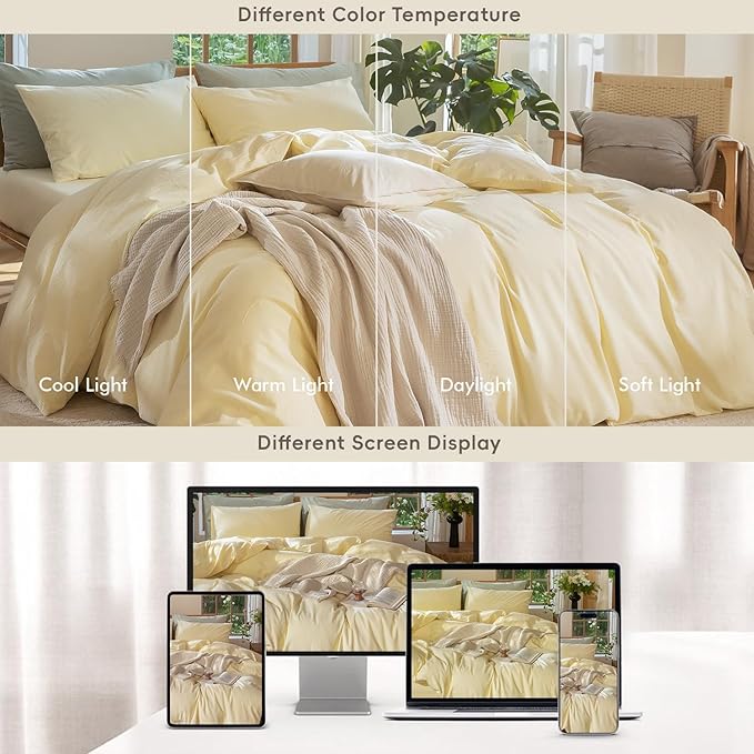 MooMee Bedding Duvet Cover Set 100% Washed Cotton Linen Like Textured Breathable Durable Soft Comfy (Heathered Butter Yellow, Super Queen 90"x98")