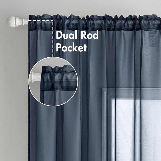 MIULEE 2 Panels Navy Blue Sheer Curtains 96 inches Long 54 X 96 Inches | Window - Image 2