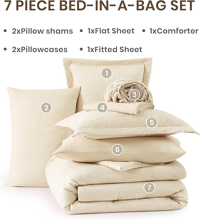 Monbix Queen Comforter Set - 7 Pieces Birch Marble Pattern Bed in a Bag Queen Bedding Sets with Comforter, Sheets, Pillowcases & Shams, Reversible Bedding Comforters Sets