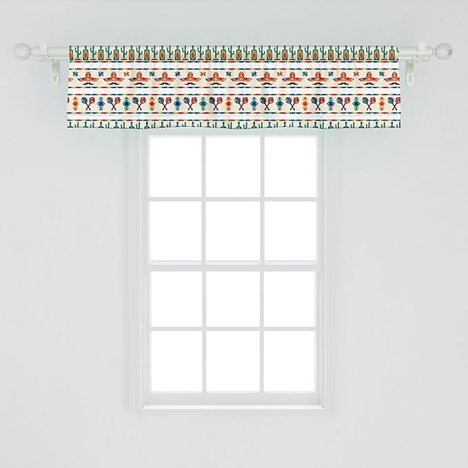 Ambesonne Mexican Window Valance, Latin American Cultural Native Borders Indigenous Saguaro Sombrero Tequila Bottle, Curtain Valance for Kitchen Bedroom Decor with Rod Pocket, 42" x 12", Jade Green