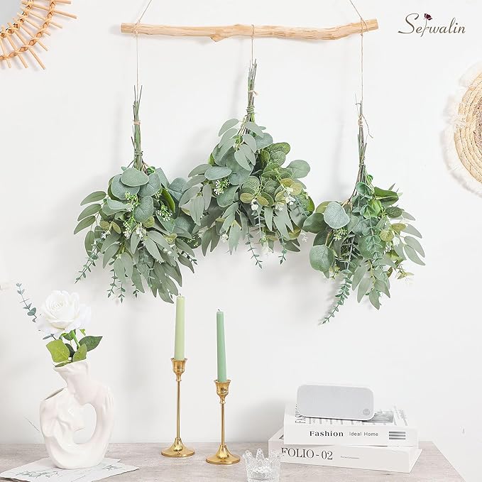 Serwalin 100pcs Artificial Mixed Eucalyptus Stems Leaveas Bulk, 4Kinds Fake Grennery Silver Dollar Eucalyptus Leaves Picks,Faux Greenry Stems Sprays for DIY Bouquets Floral Arrangement Home Decor
