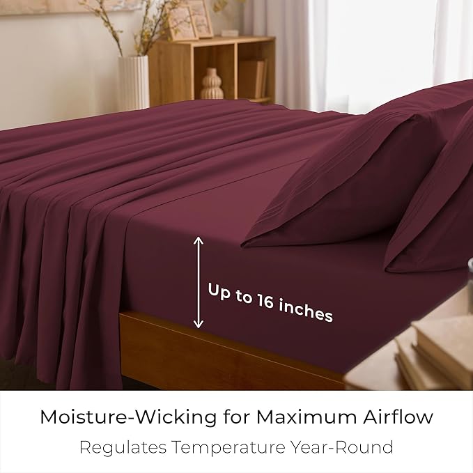 Mellanni California King Sheets Set - 4 PC Iconic Collection Bedding - Hotel Luxury, Extra Soft, Cooling Bed Sheets - Wrinkle, Fade, Stain Resistant (Cal King, Burgundy)