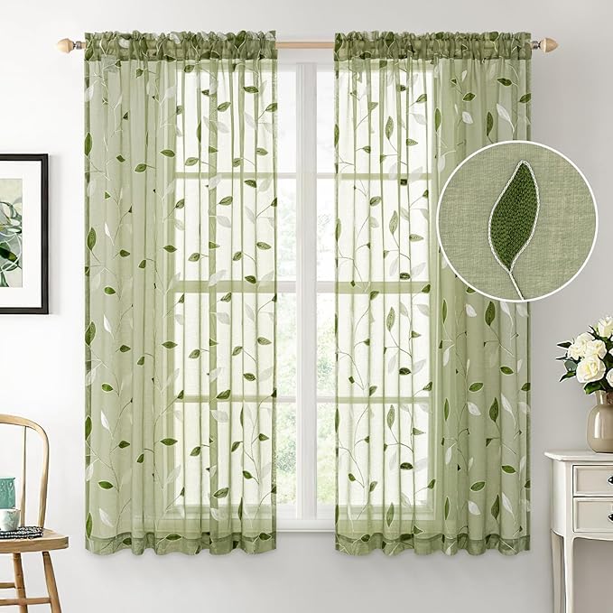 MIULEE Sage Green Sheer Curtains 2 Panels Leaf Patterned, W52 x L54 | - Image 2