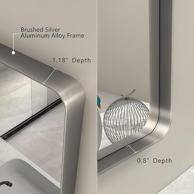 60x40 Inch Brushed Nickel Bathroom Mirror, Silver Bathroom Mirrors for Vanity, Rectangle Silver Metal Frame Bathroom Mirror for Wall, Shatterproof, Hangs Horizontally or Vertically