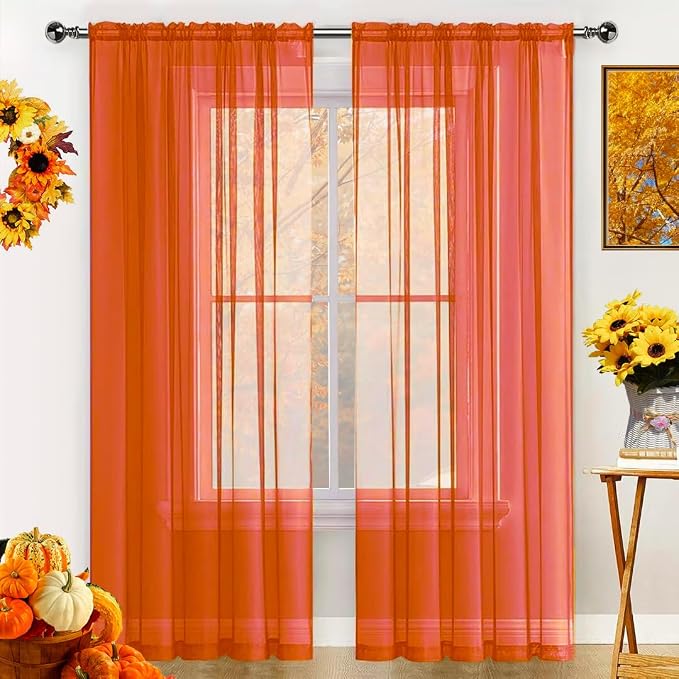 SpaceDresser Basic Rod Pocket Sheer Voile Window Curtain Panels Jaffa Orange 1 by SpaceDresser