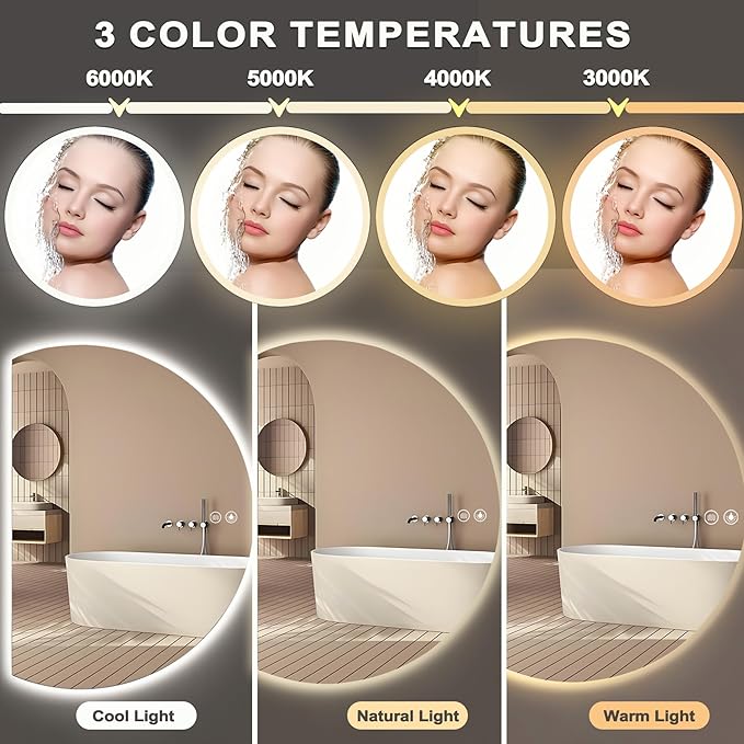 40"×28" LED Bathroom Mirror with Lights, Asymmetrical Smart Vanity Mirrors Wall-Mounted with Backlit, Anti-Fog Half Moon Mirror, Stepless Dimmable-3 Colors-Tempered Glass