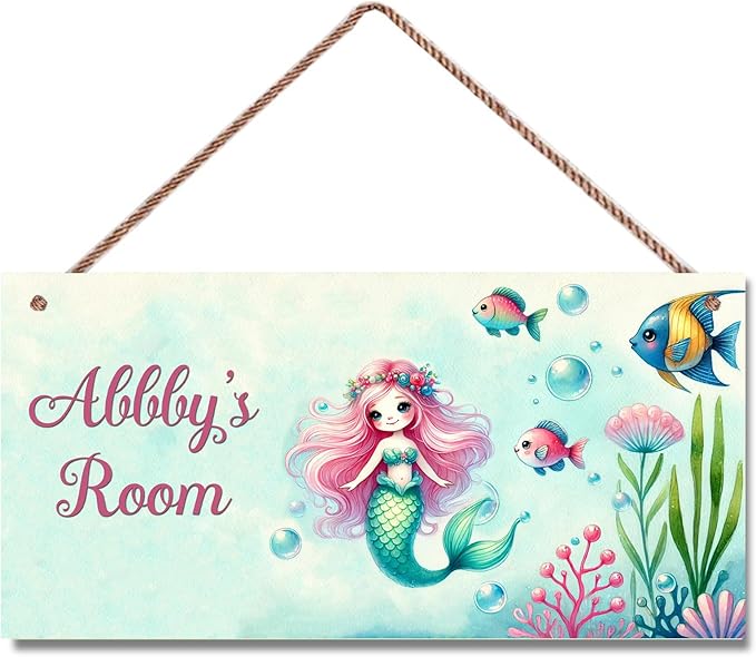 Personalized Sign Mermaid Wall Art Décor For Kids Room Custom Name Door Decor, Ocean Theme Nursery Art Plate For Girls Room Boys Bedroom Garden