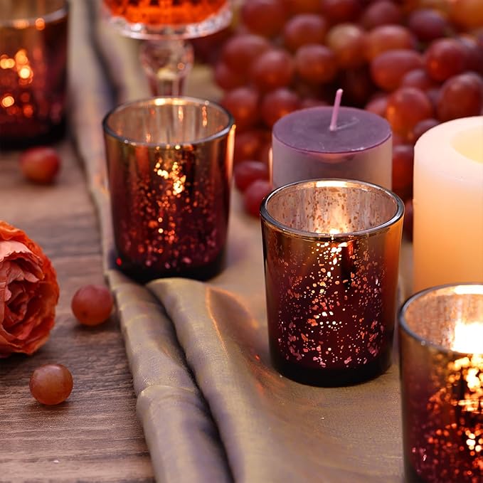 Volens Burgundy Votive Candle Holders Set of 12, Speckles Mercury Glass Tealight Candle Holder Bulk for Table Wedding Centerpiece, Burgundy and Gold Themed Party Decorative & Home Decor