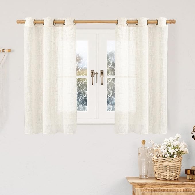 Cream Linen Sheer Curtains 54 Inch Length 2 Panels Set, Short Linen Textured by LAMIT