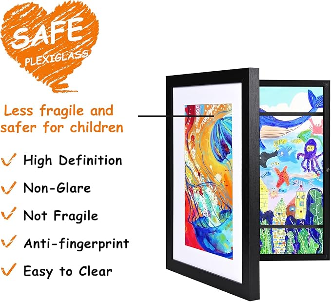 KINLINK A4 Kids Art Frames Set of 2, Solid Wood Kids Artwork Frames Changeable with Acrylic Front Opening Holds 150 Pictures 8.3x11.7, Art Frame for Kids Artwork with Mat or without Mat, Black