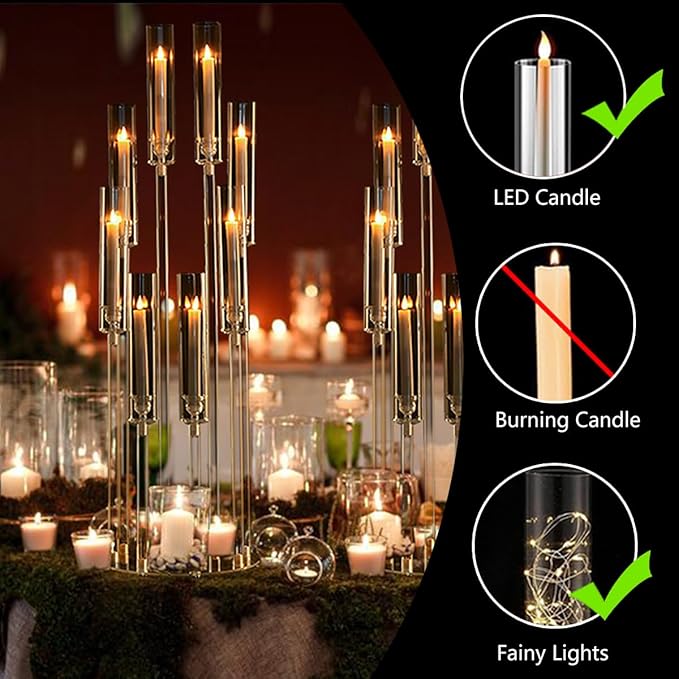 10Sets 8 Arm Acrylic Candelabra Candle Holder for Wedding,38.5 inches Tall Clear Candlestick Holders with Shade for Tables Party Event Dinner Decoration (Fit 0.8" Led Candles)