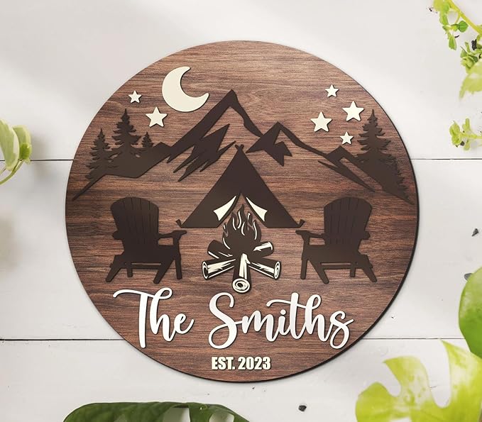 Custom Camping Family Name Sign, Happy Camper Sign, Adventure Life Wooden Sign, Woodland Outdoor Hanger Sign, Camping Decorations, Campfire Party Sign, Family Camp Sign