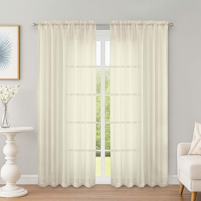 Cream Sheer Curtains 72 Inches Long 2 Panels Set, Transparent Voile Sheer by OWENIE