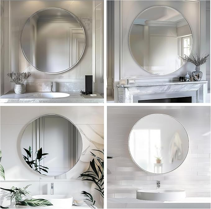 Silver Round Mirror 24 inch, Circle Mirror with Metal Frame, Silver Circle Mirrors for Living Room, Bathroom, Wall, Hallway.