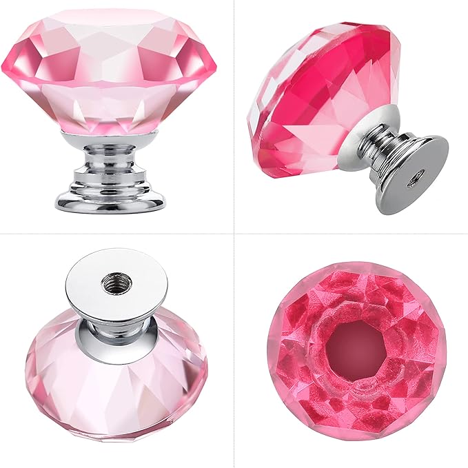 Ravinte 5 Pack Pink Crystal Knobs for Dresser Drawers Glass Cabinet Knobs Diamond Shaped Drawer Knobs - 30 mm Knobs with Silver Base