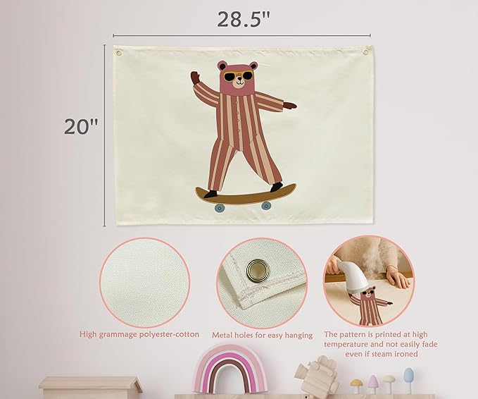 Skateboarding Bear Nursery Rectangular Canvas Banner-Flag Wall Sign Decor for Baby Boys Kids, Baby Room Above Crib Bedroom Playroom Reading Room Decor-Baby Shower Birthday Christmas Gift