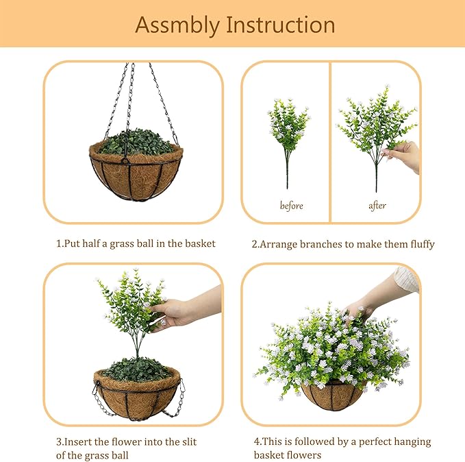 Artificial Hanging Flowers Basket for Outdoor, 16 Fake Flowers Look Real UV Resistant, Faux Hanging Plants for Porch, Balcony, Patio, Garden, Spring Summer Decor,White